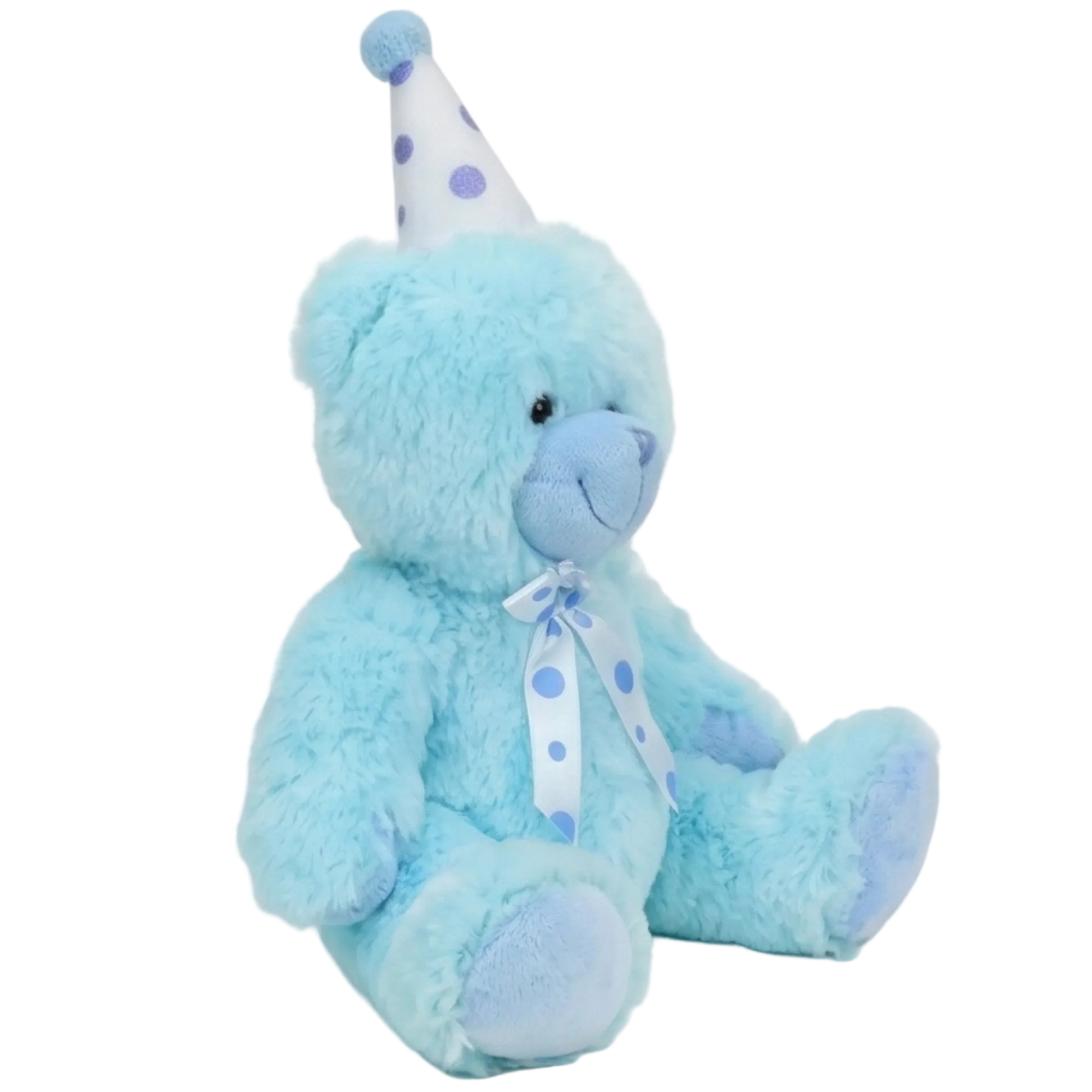 Blue teddy bear with a white hat and ribbon on a white background