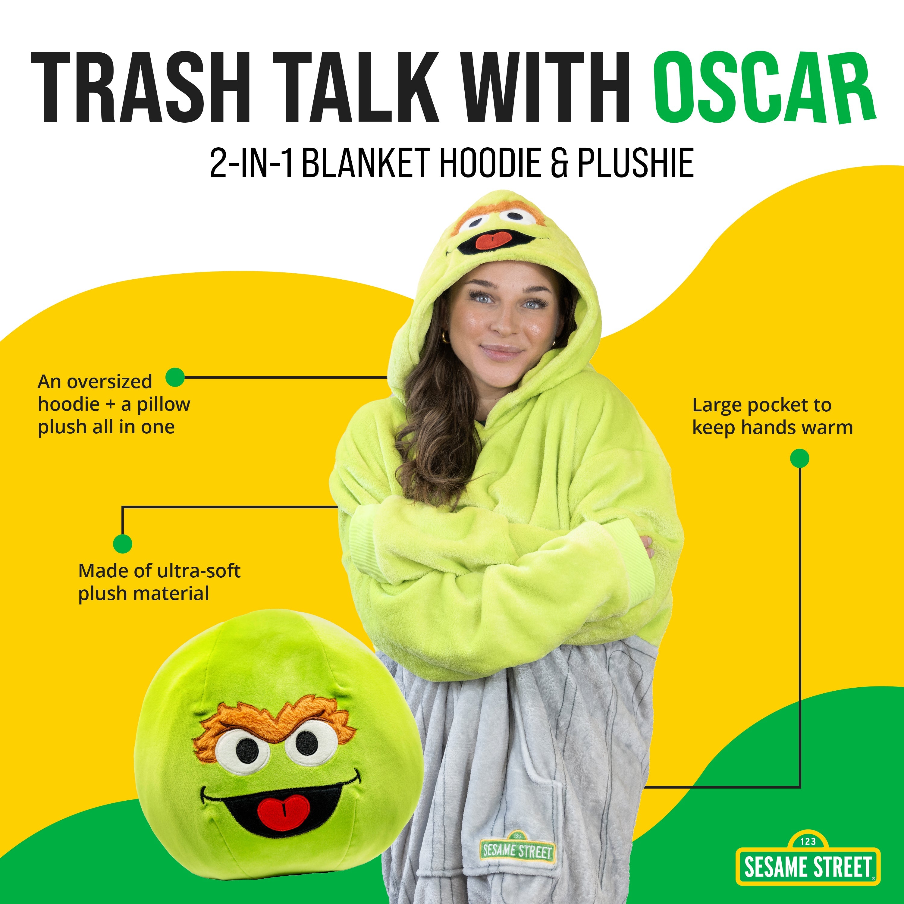 Sesame Street Oscar the Grouch Adult Snugible | Blanket Hoodie & Pillow