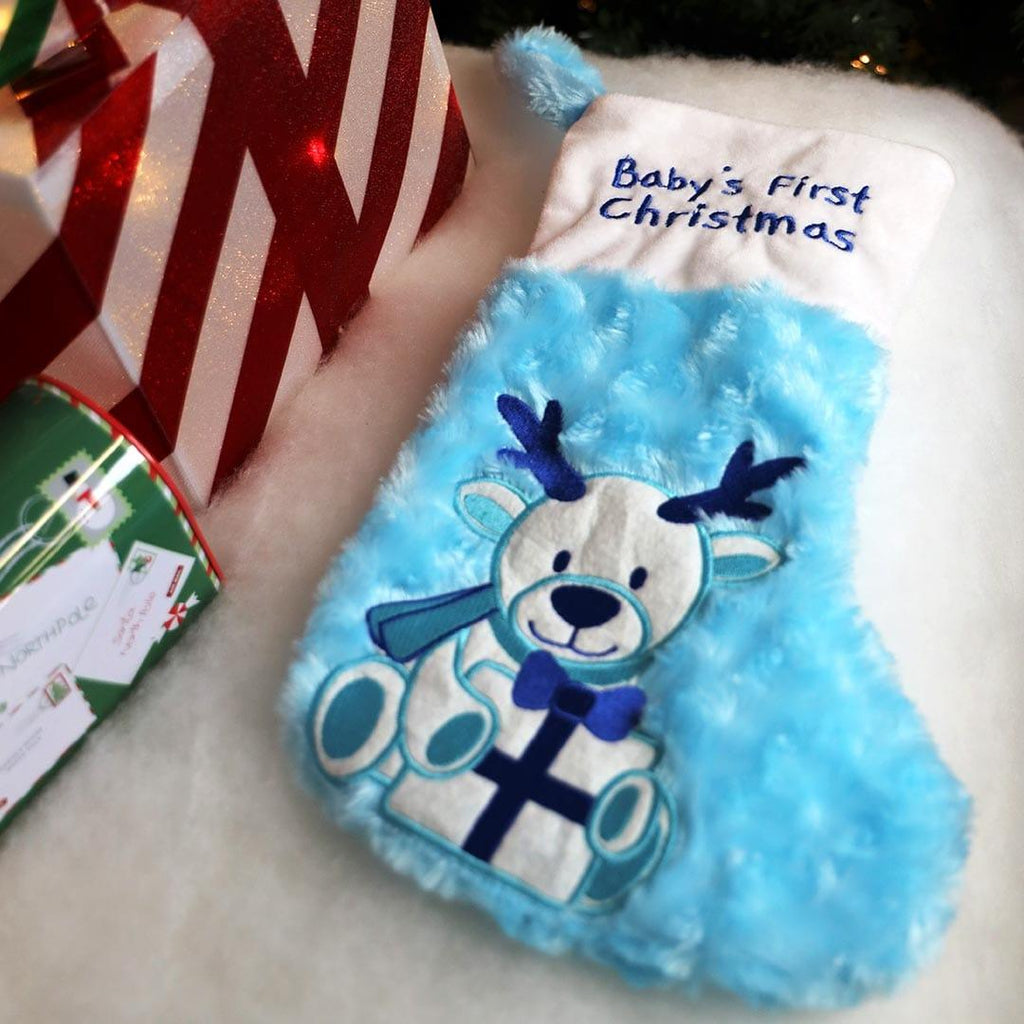 Plushible Blue Baby's First Christmas Stocking and Hat Set