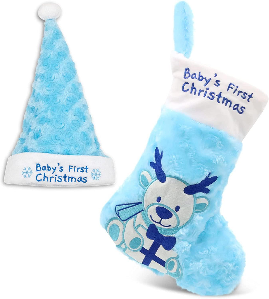 Plushiblex Baby Gift Sets Blue Baby's First Christmas Stocking and Hat Set
