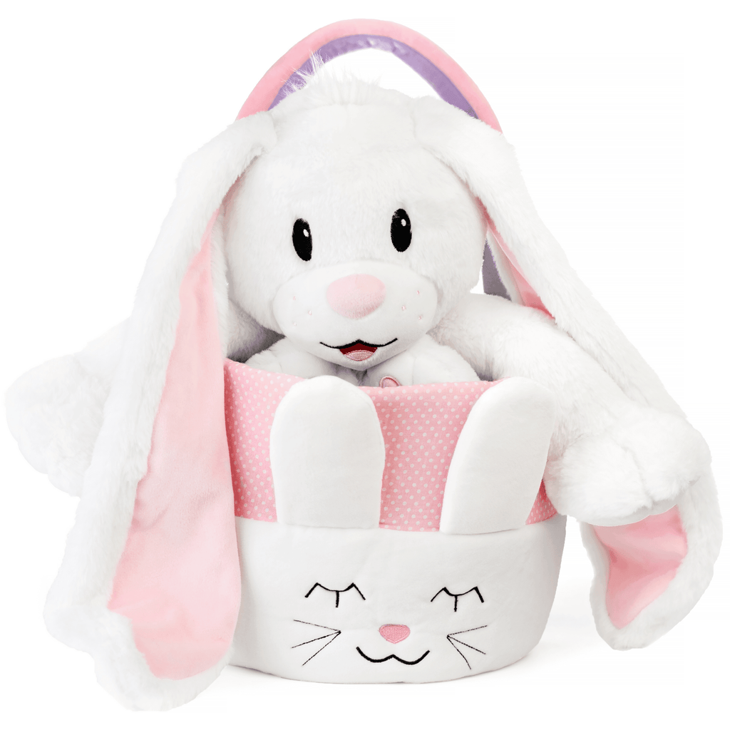 white plush bunny inside white and pink basket with bunny face