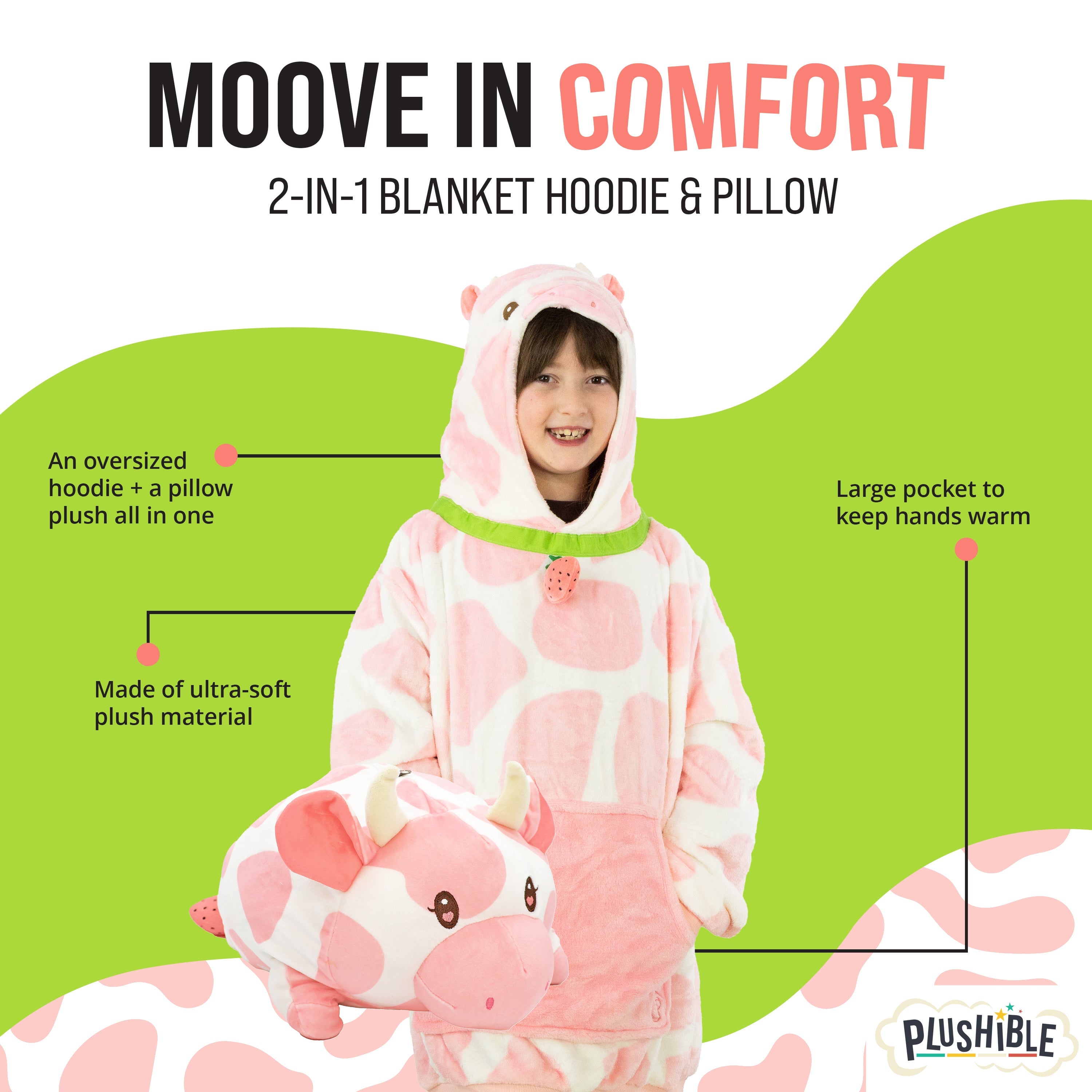 Strawberry Cow Kids Snugible | Blanket Hoodie & Pillow