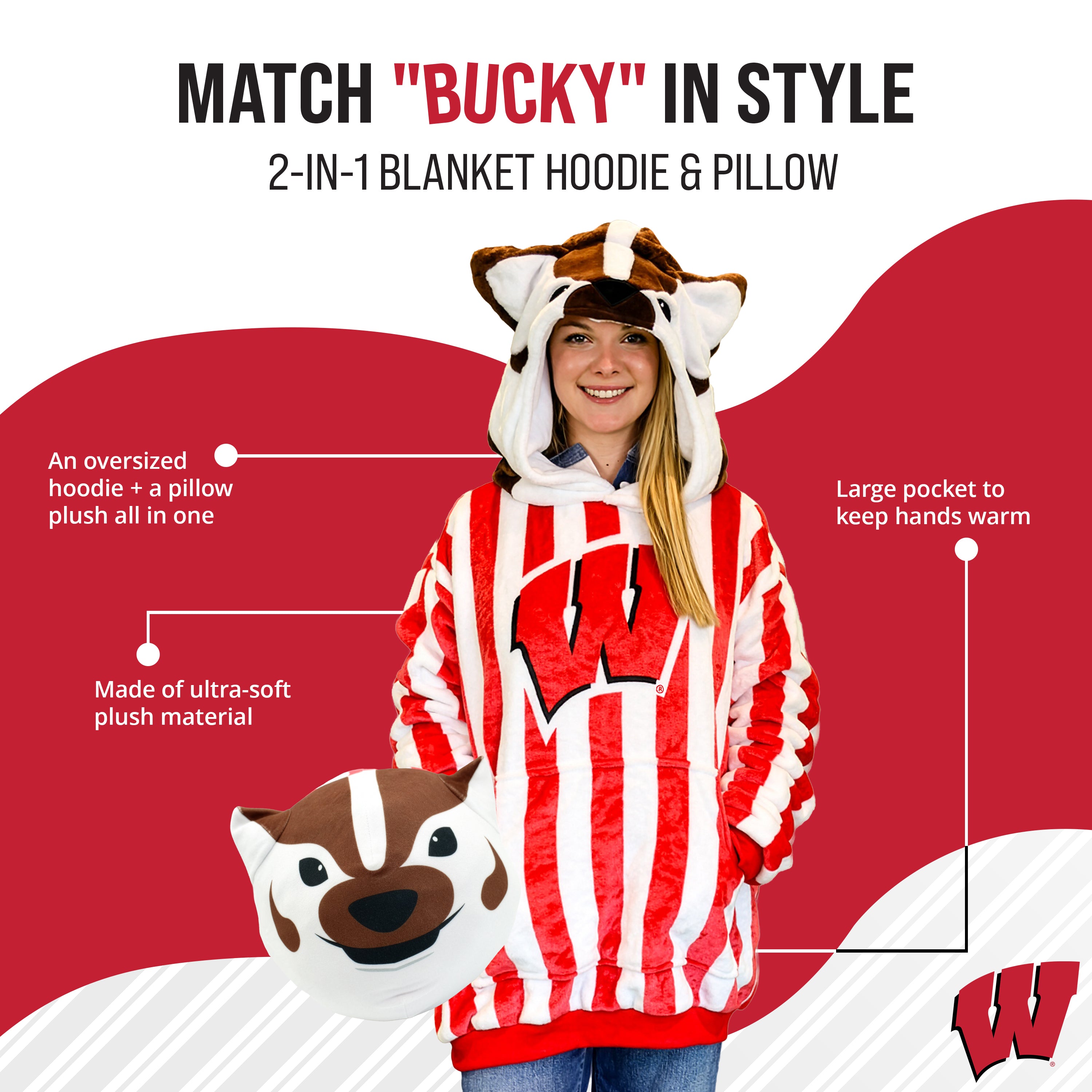 University of Wisconsin Bucky the Badger Snugible | Blanket Hoodie & Pillow