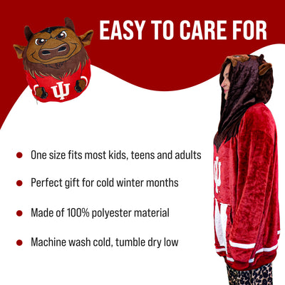 A promotional graphic for a red and white Indiana Hoosiers fleece hooded onesie. The left side features a cartoon illustration of the mascot wearing the red hoodie, and the right side shows a model wearing the full hooded jacket.