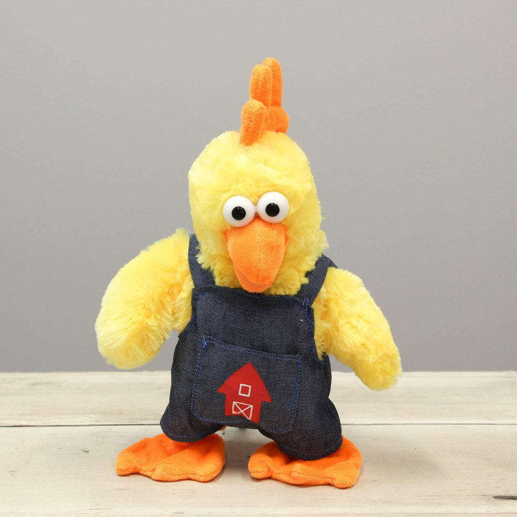 plush easter chicken wearing overalls