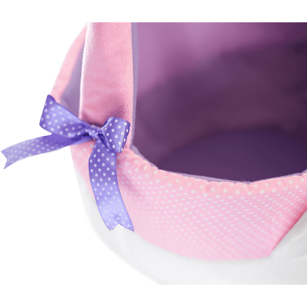 purple ribbon with white dots on basket handle