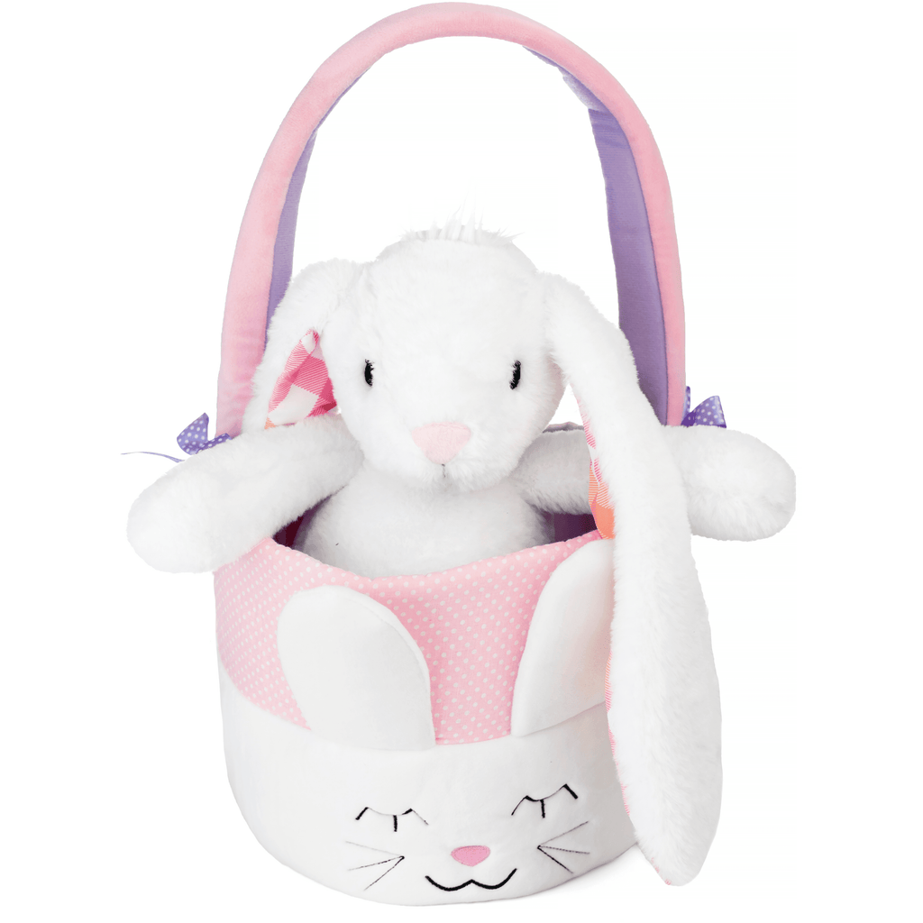 white stuffed bunny inside easter basket