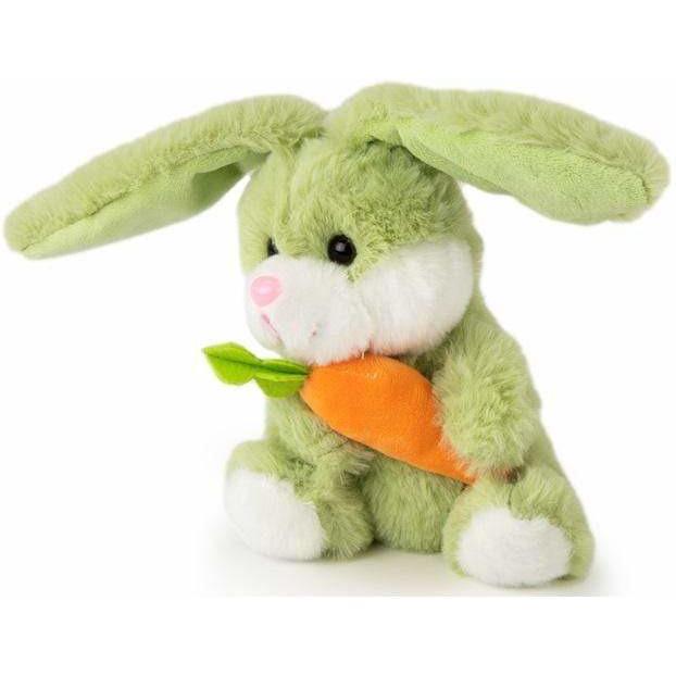 small green easter bunny holding carrot looking left