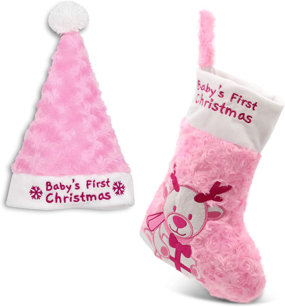 Plushiblex Holiday Stockings Pink Baby's First Christmas Stocking and Hat Set