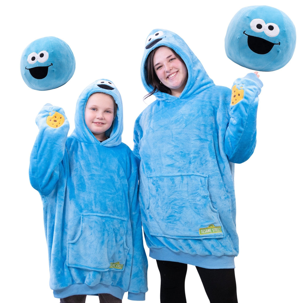 Plushible.comSesame Street Adult & Child Cookie Monster Snugible Bundle | Blanket Hoodie & Pillow