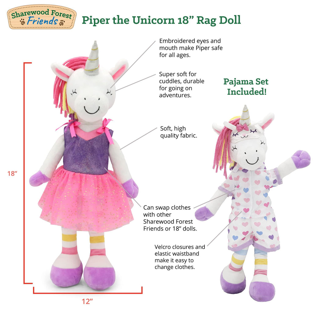 Sharewood Forest Friends 18 Inch Rag Doll Piper the Unicorn - Plushible.com