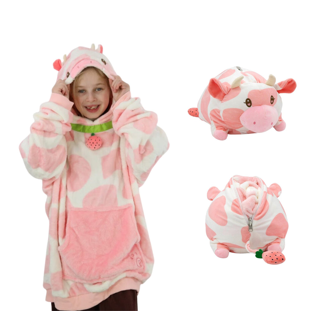 Plushible.comSnugiblesStrawberry Cow Kids Snugible | Blanket Hoodie & Pillow
