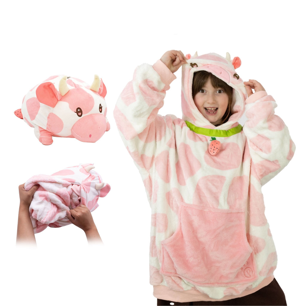 Plushible.comSnugiblesStrawberry Cow Kids Snugible | Blanket Hoodie & Pillow