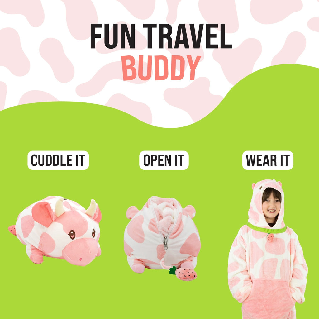 Plushible.comSnugiblesStrawberry Cow Kids Snugible | Blanket Hoodie & Pillow