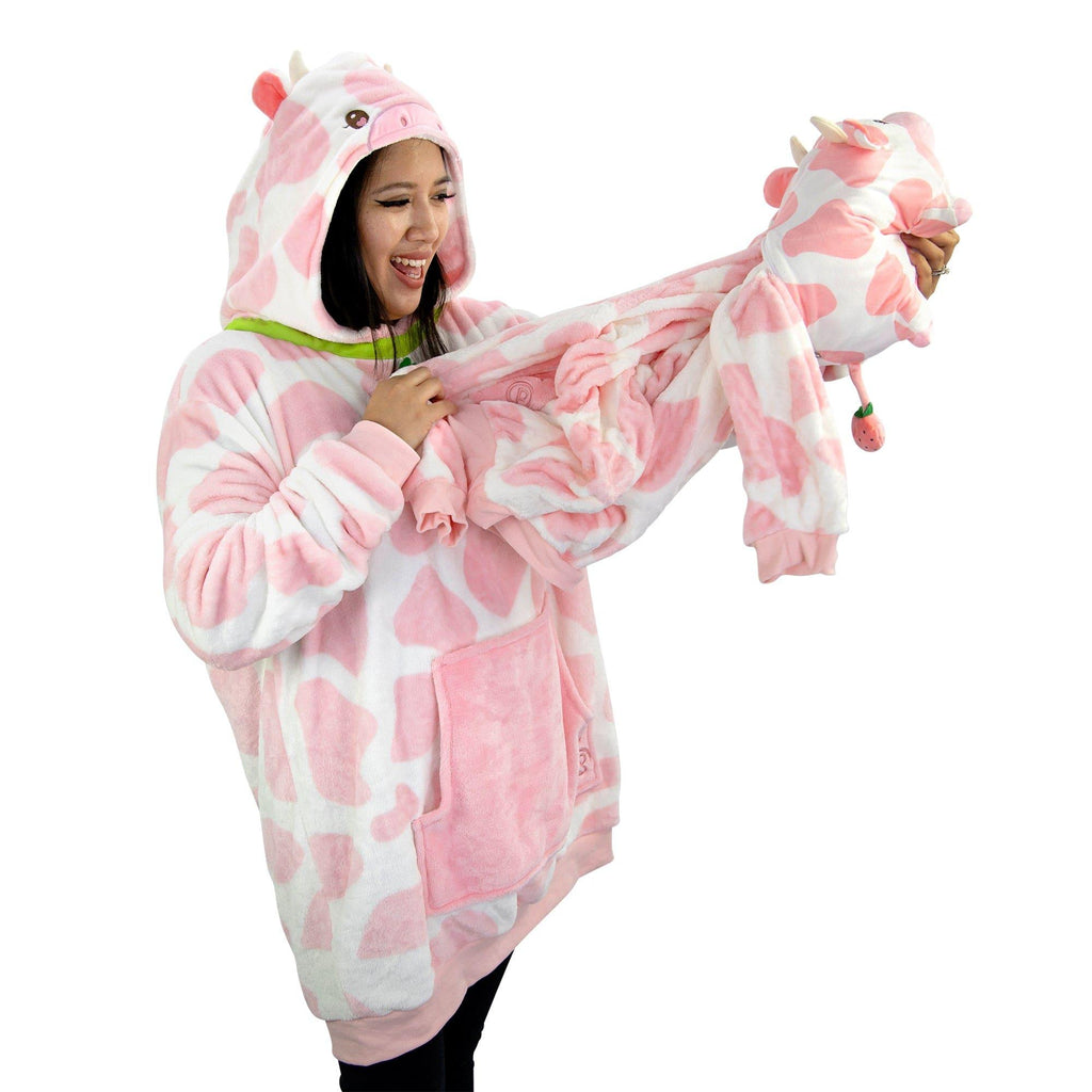 Plushible Snugibles Wearable Blanket Hoodie for Kids and Adults - Strawberry Cow