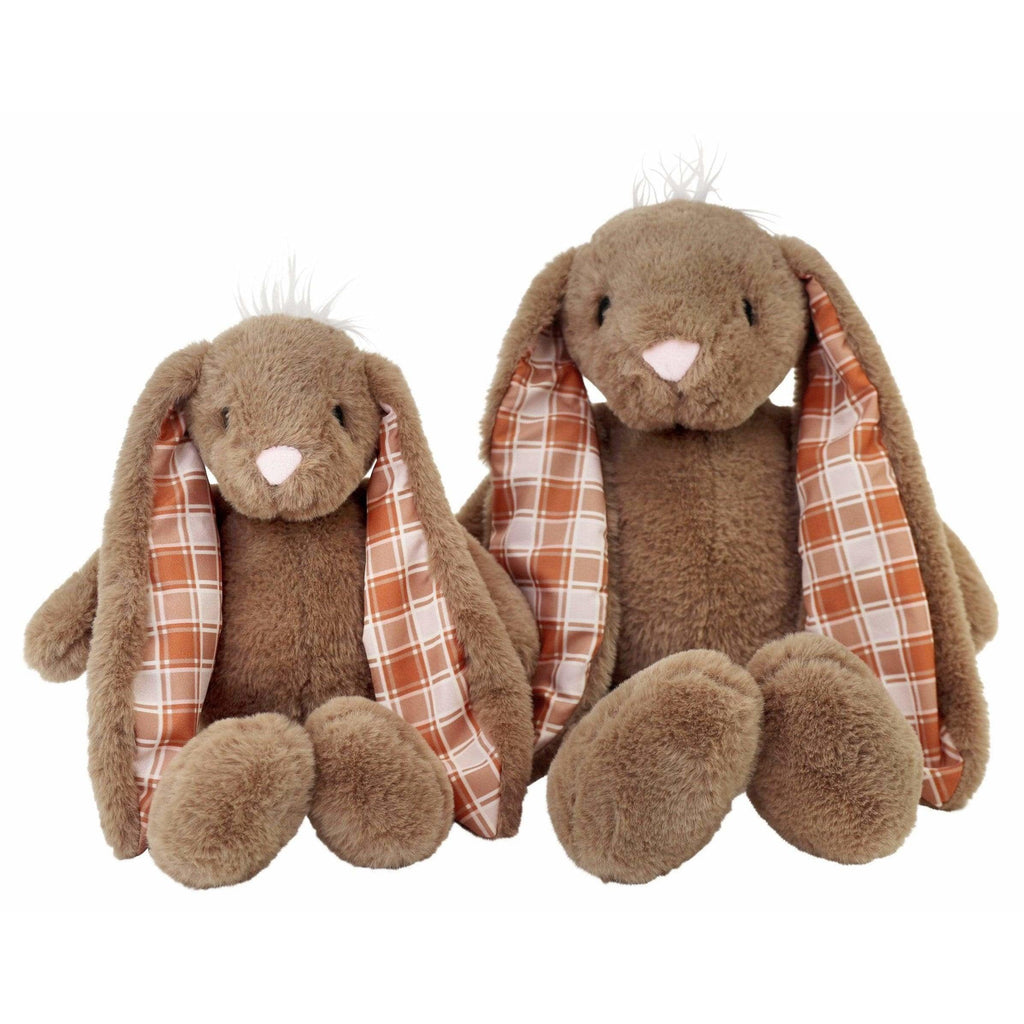 two brown plush bunnies sitting side by side