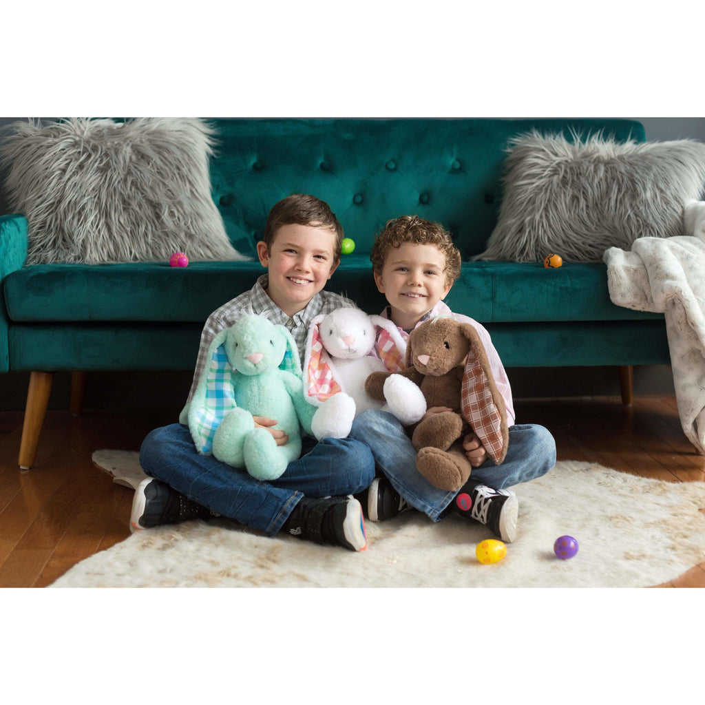 two small boys sitting side by side and holding three plush bunnies