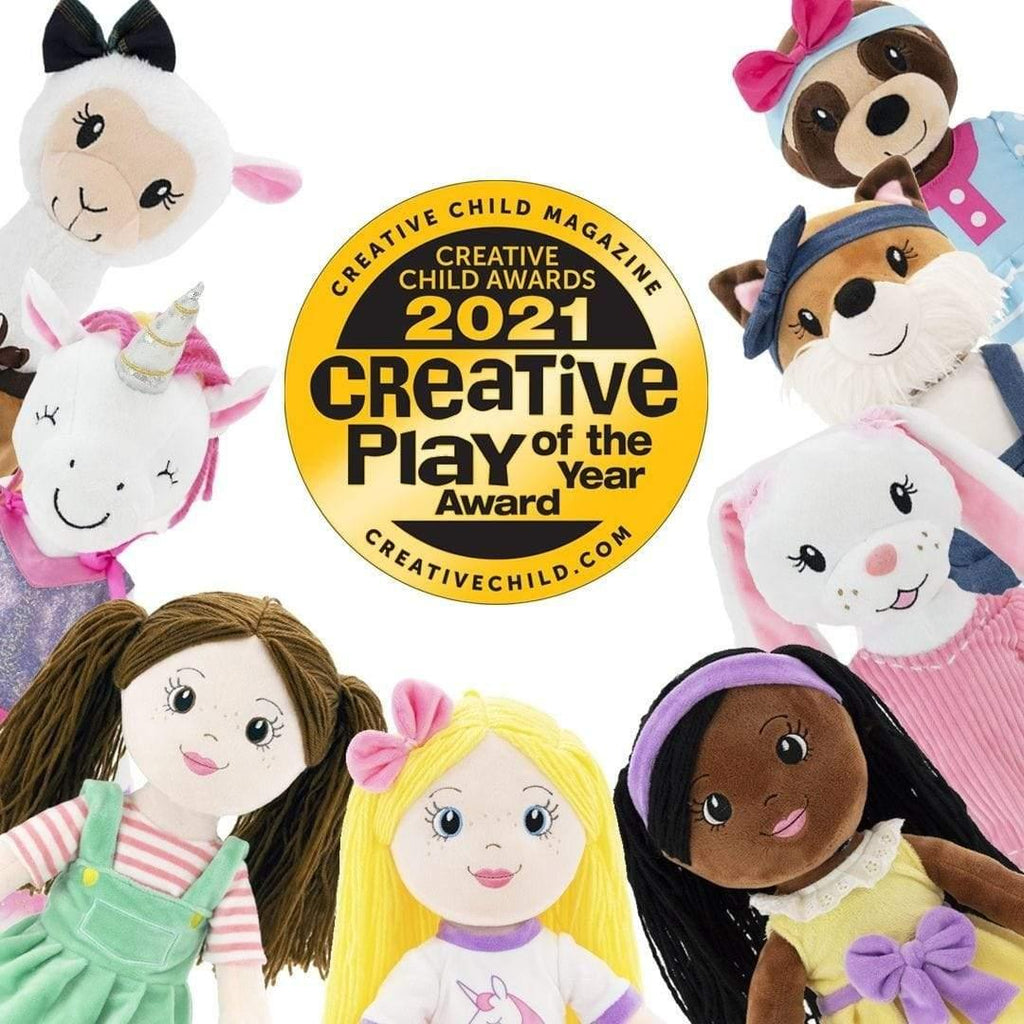 creative play of the year award badge surrounded by rag dolls